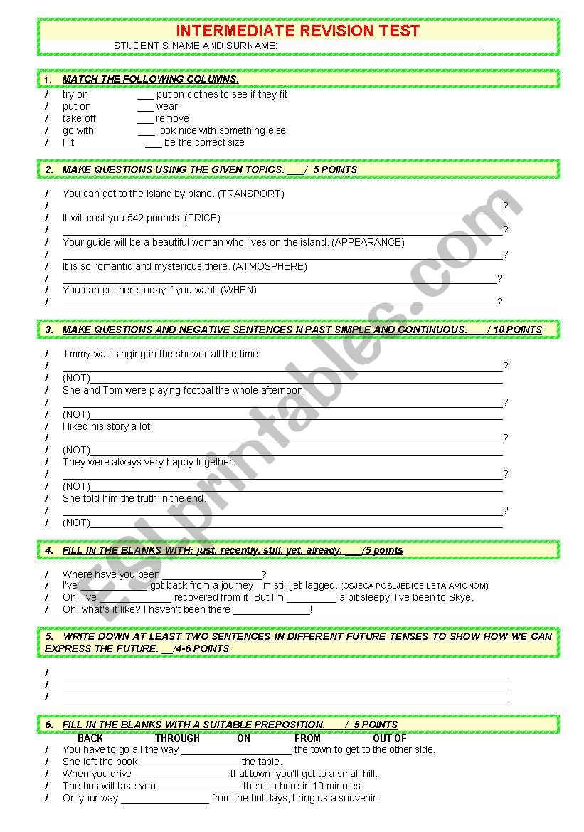 revision test for teenagers worksheet