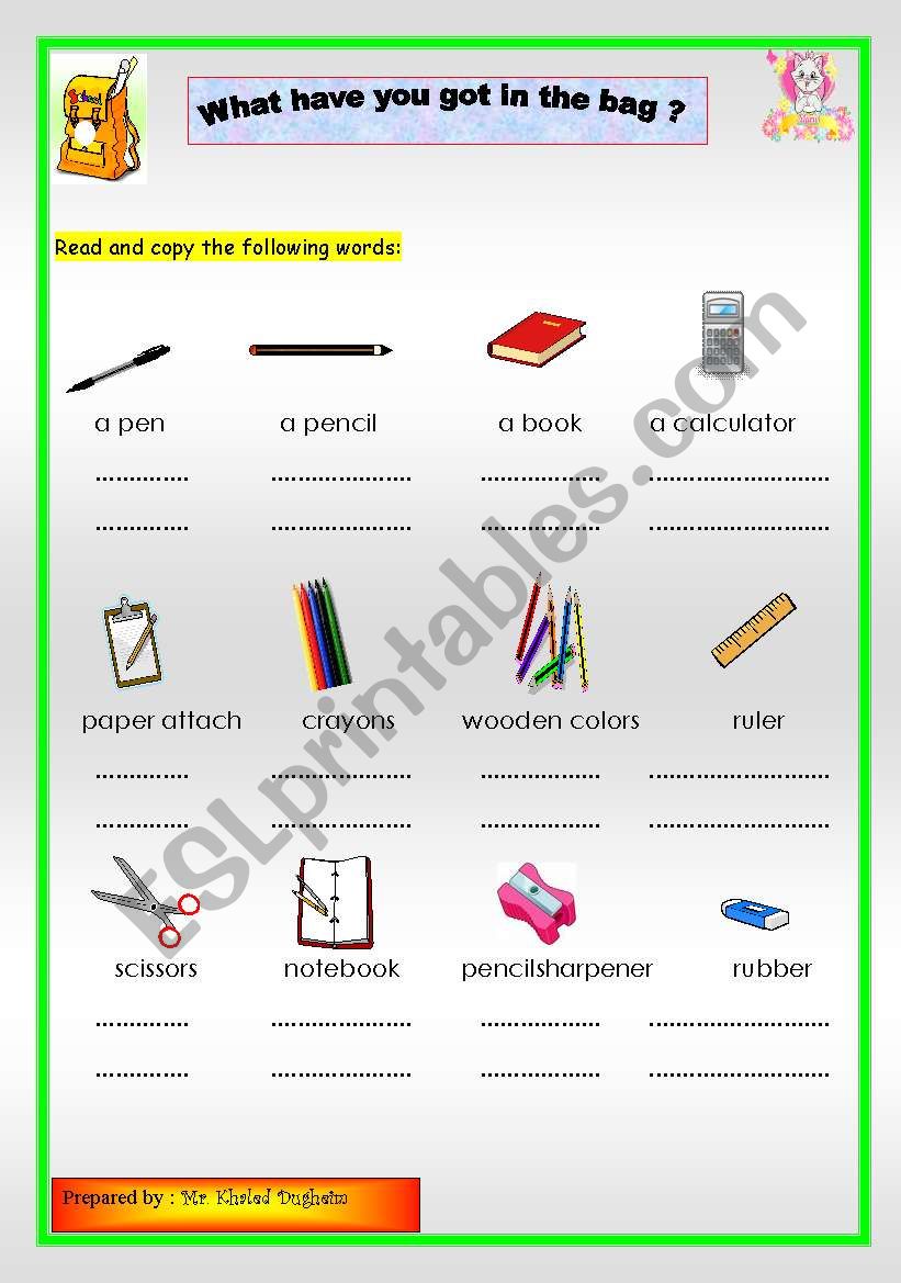 my bag worksheet