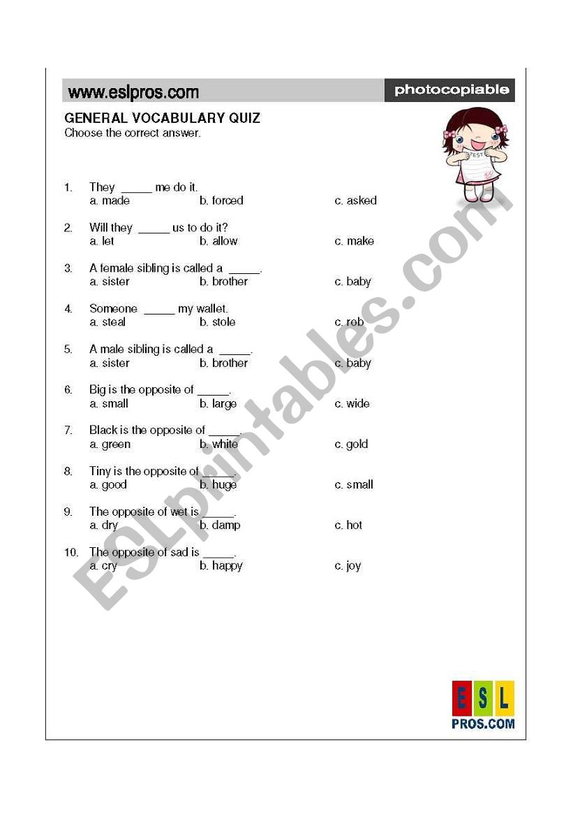 General Vocabulary Quiz worksheet