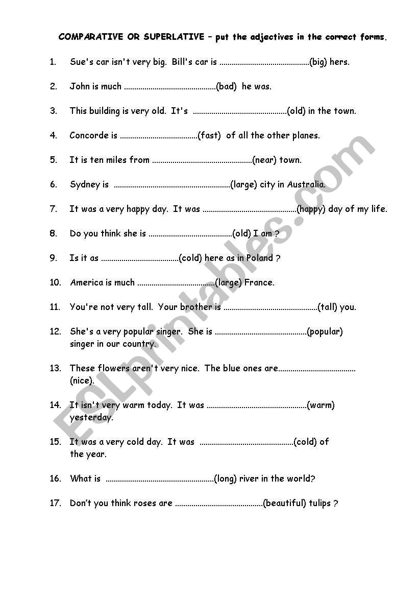 Comparative or superlative worksheet