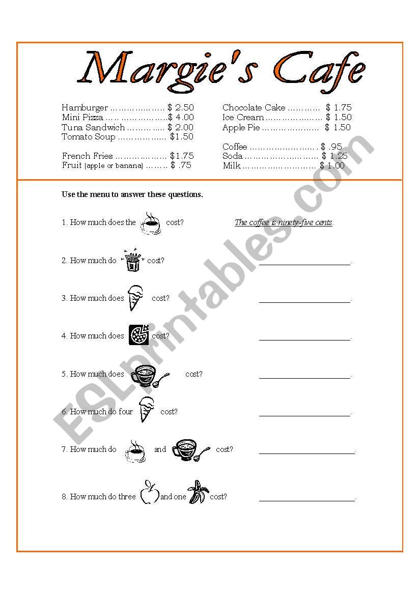 Margies Cafe worksheet