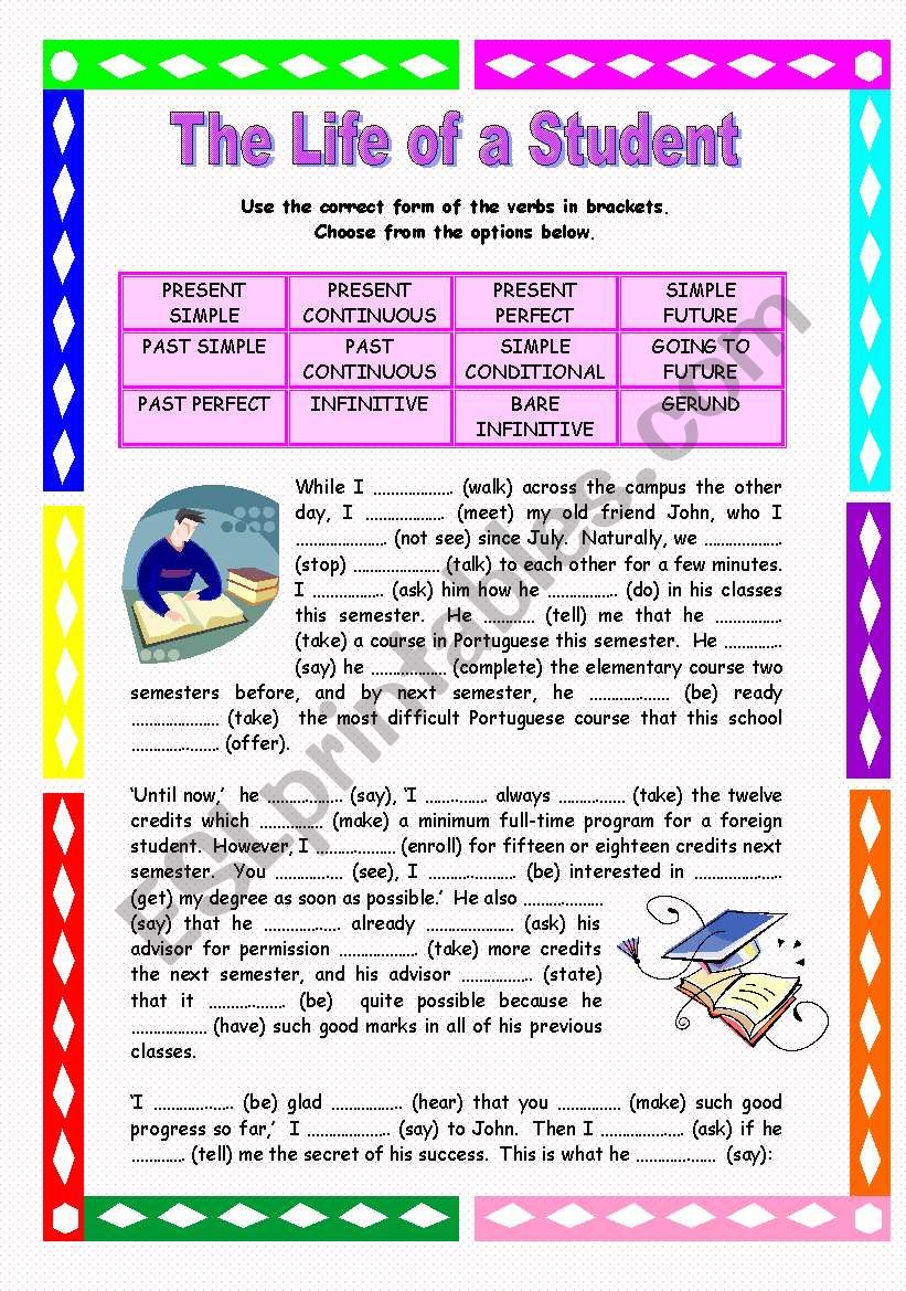 The Life of a Student - A two-page mixed tense ws with key