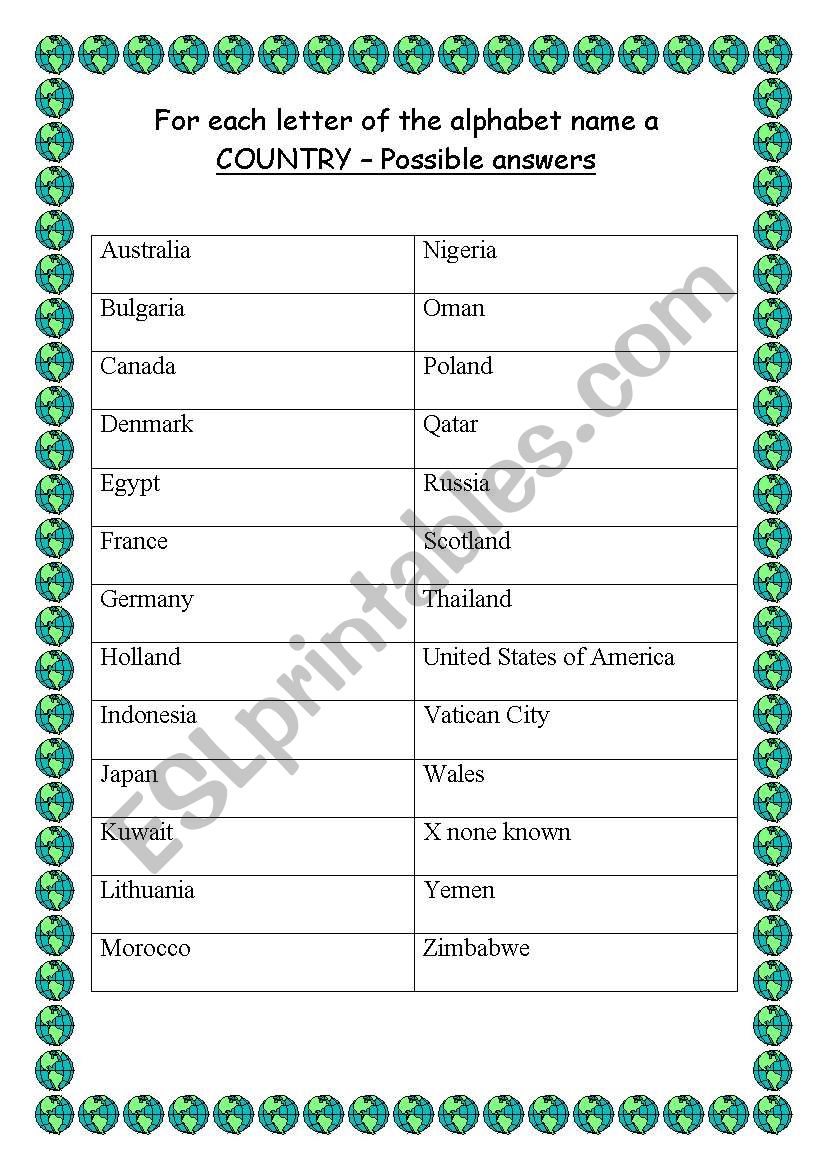 English Worksheets Name A Country For Every Letter Of The Alphabet