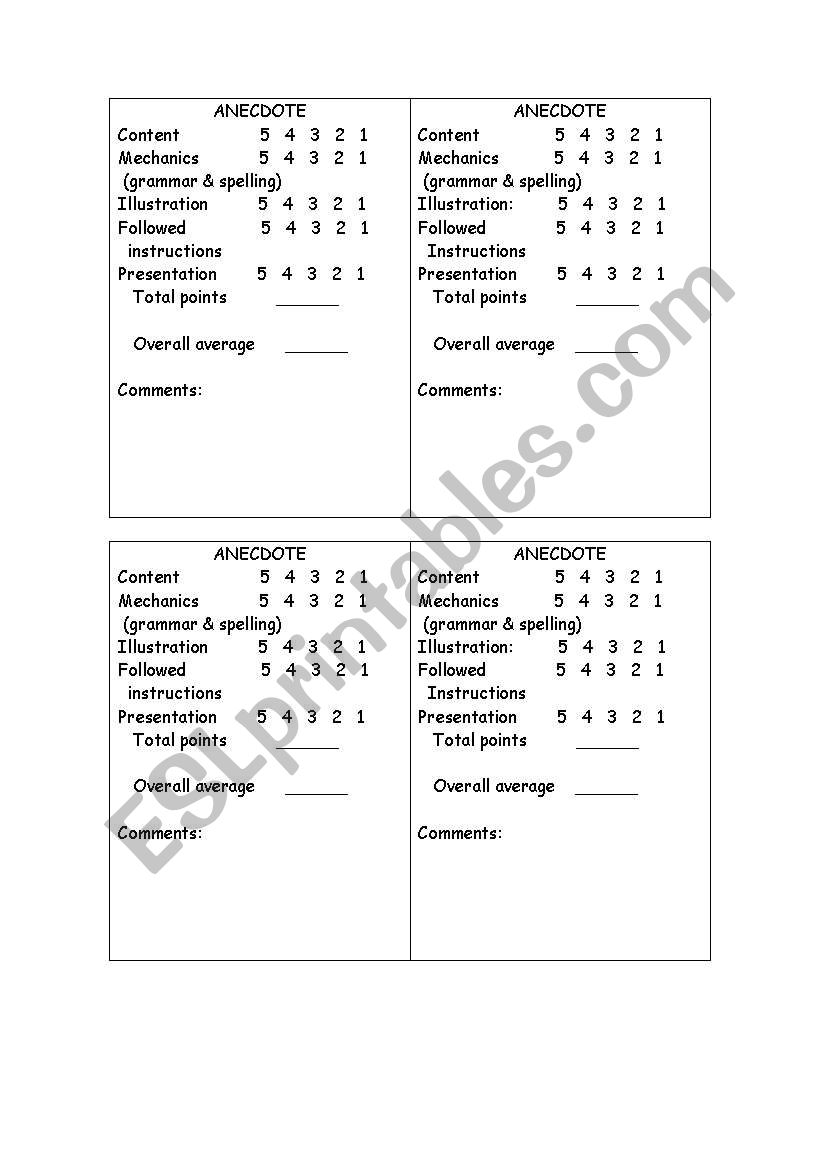 ANECDOTE RUBRIC worksheet