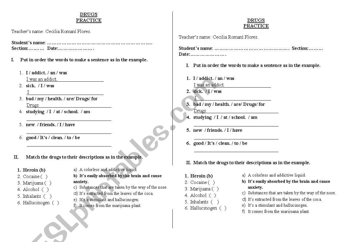 Drugs worksheet