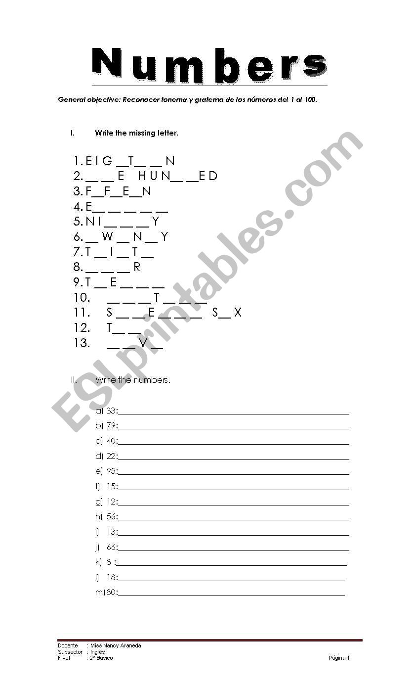 numbers worksheet