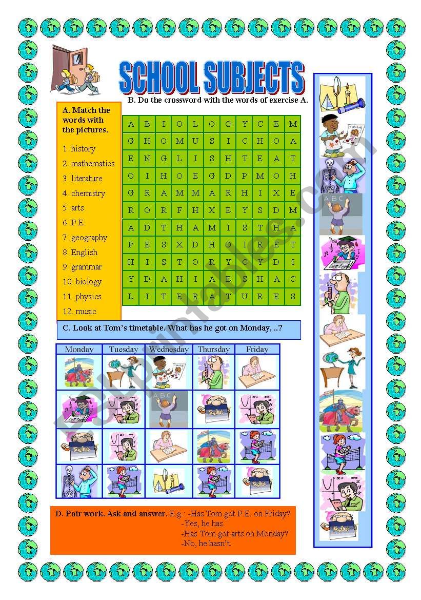 School subjects worksheet