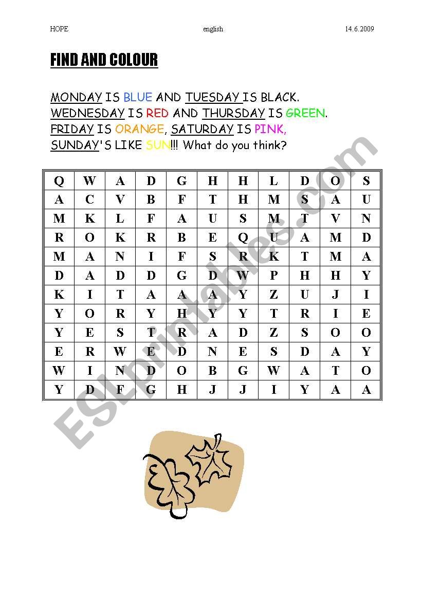 days of the week worksheet