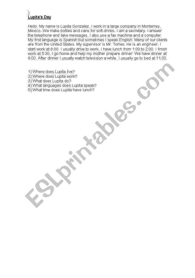 reading worksheet