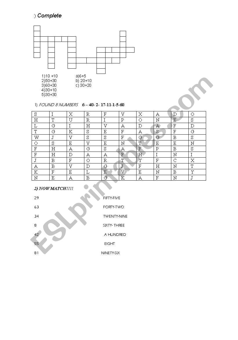 numbers worksheet