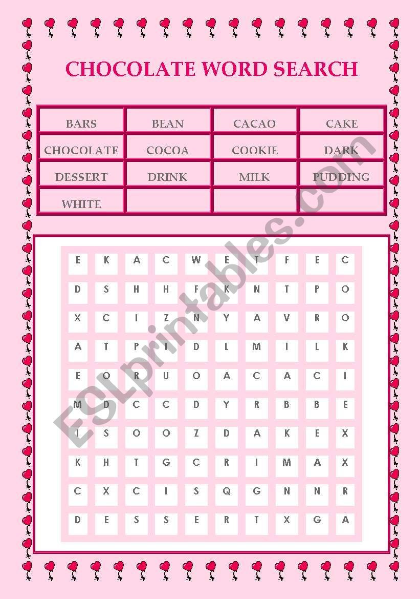 Chocolate Word Search worksheet