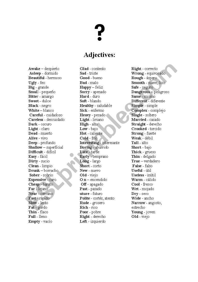 list of adjectives worksheet