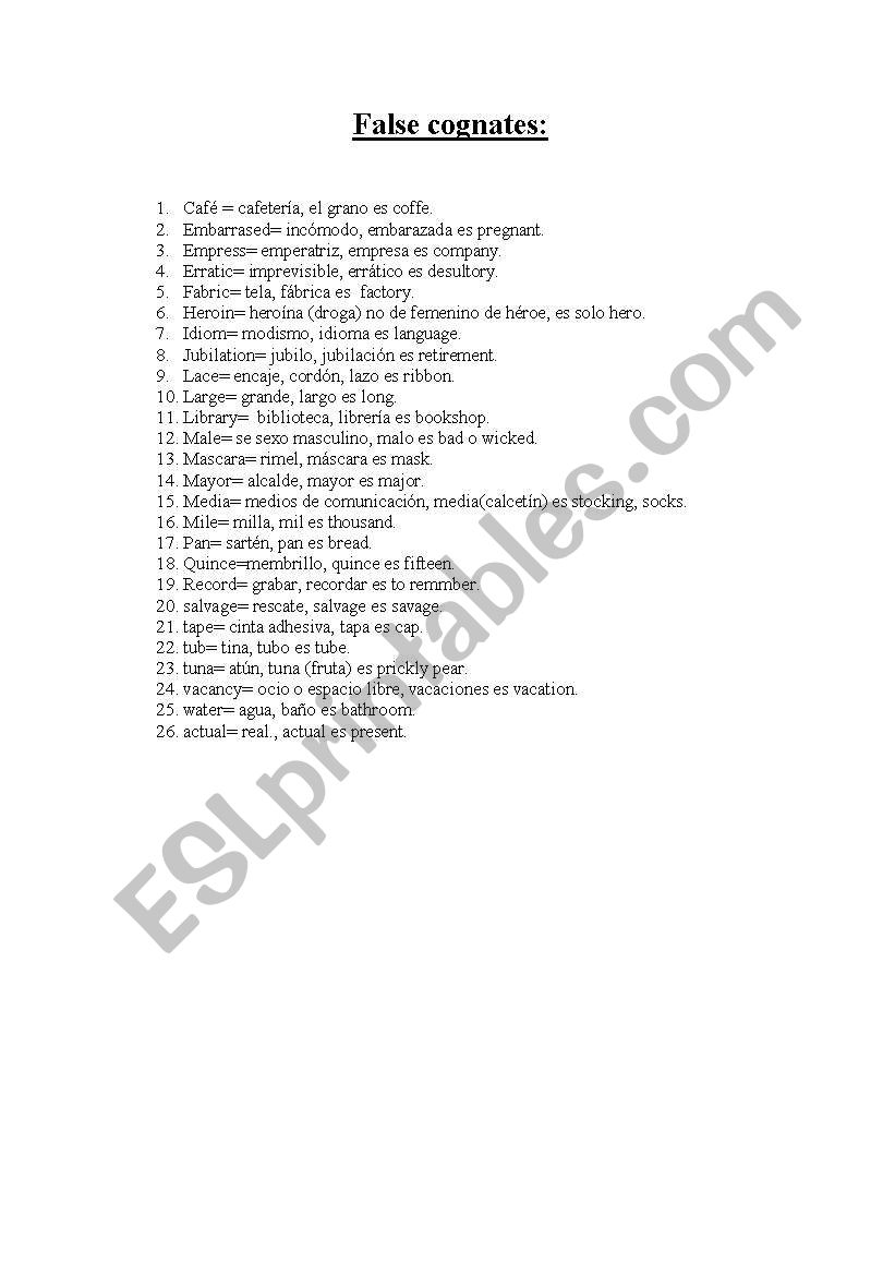 false cognates worksheet