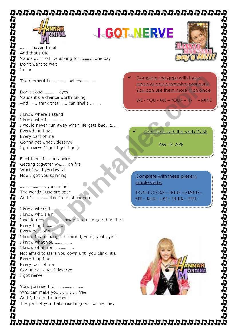  HANNAH MONTANA SONG!!!!!! worksheet