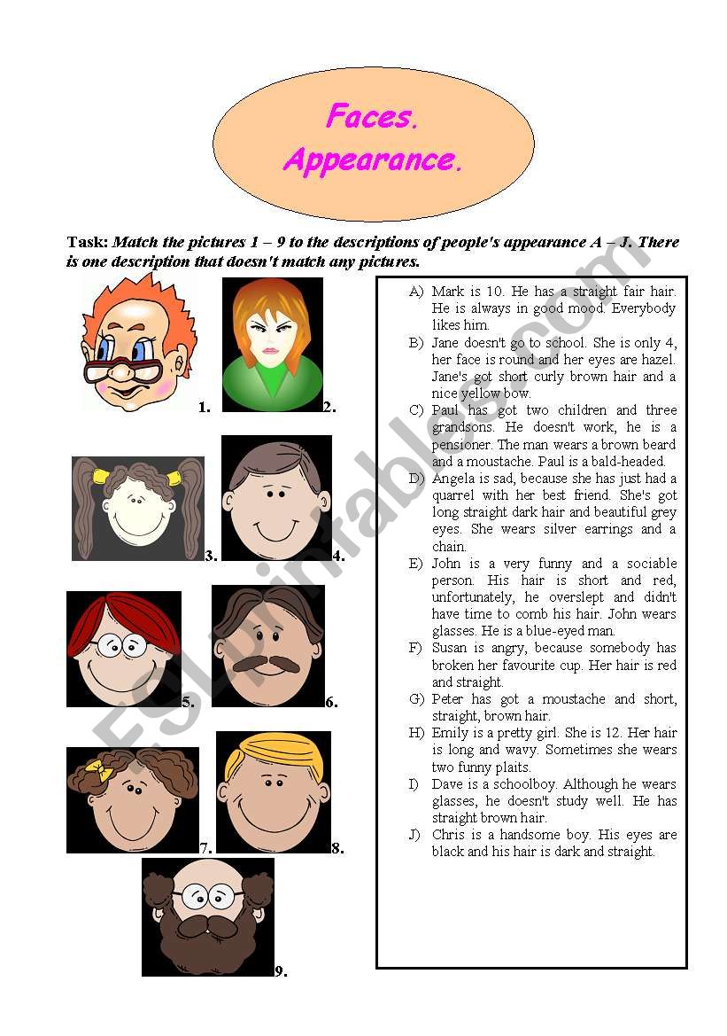 Faces. Appearance. worksheet