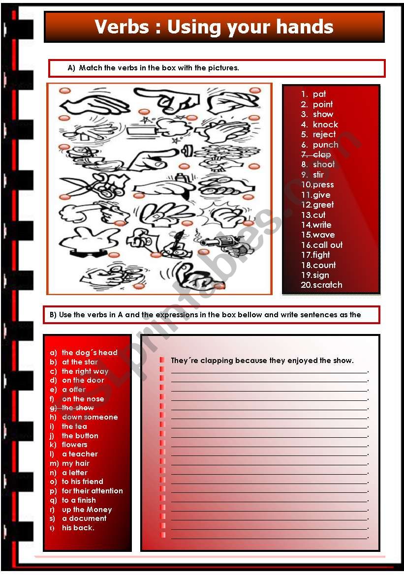 Verbs :using your hands worksheet