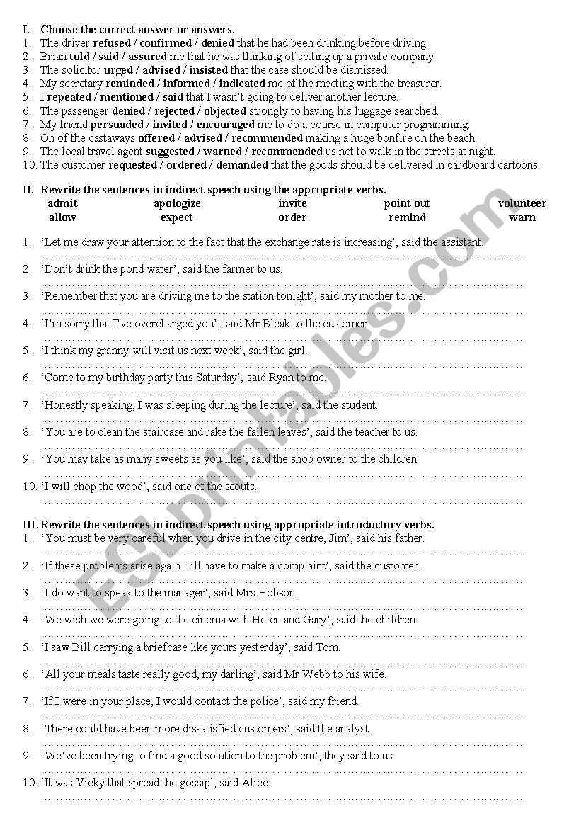 Reported Speech Advanced worksheet