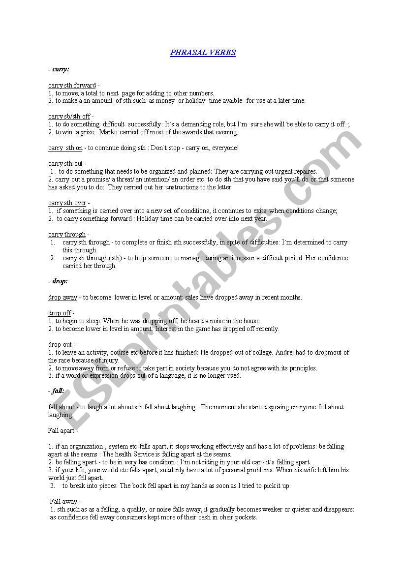 PHRASAL VERBS     A-Z LIST worksheet