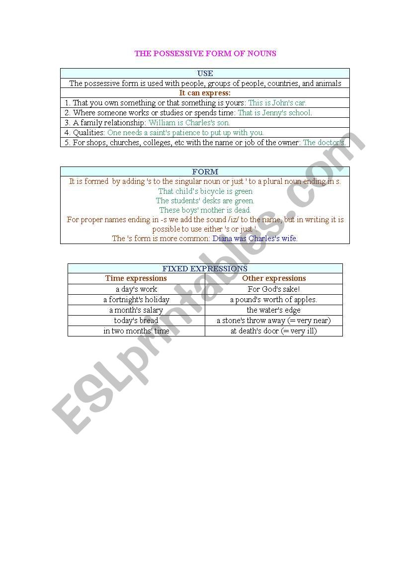 THE POSSESSIVE FORM OF NOUNS worksheet