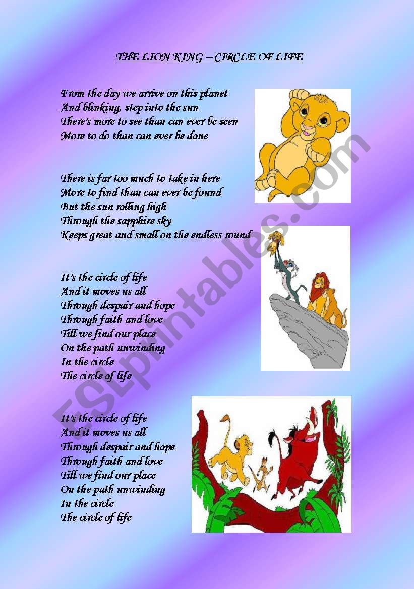 The Lion King The Circle Of Life Esl Worksheet By Aguila