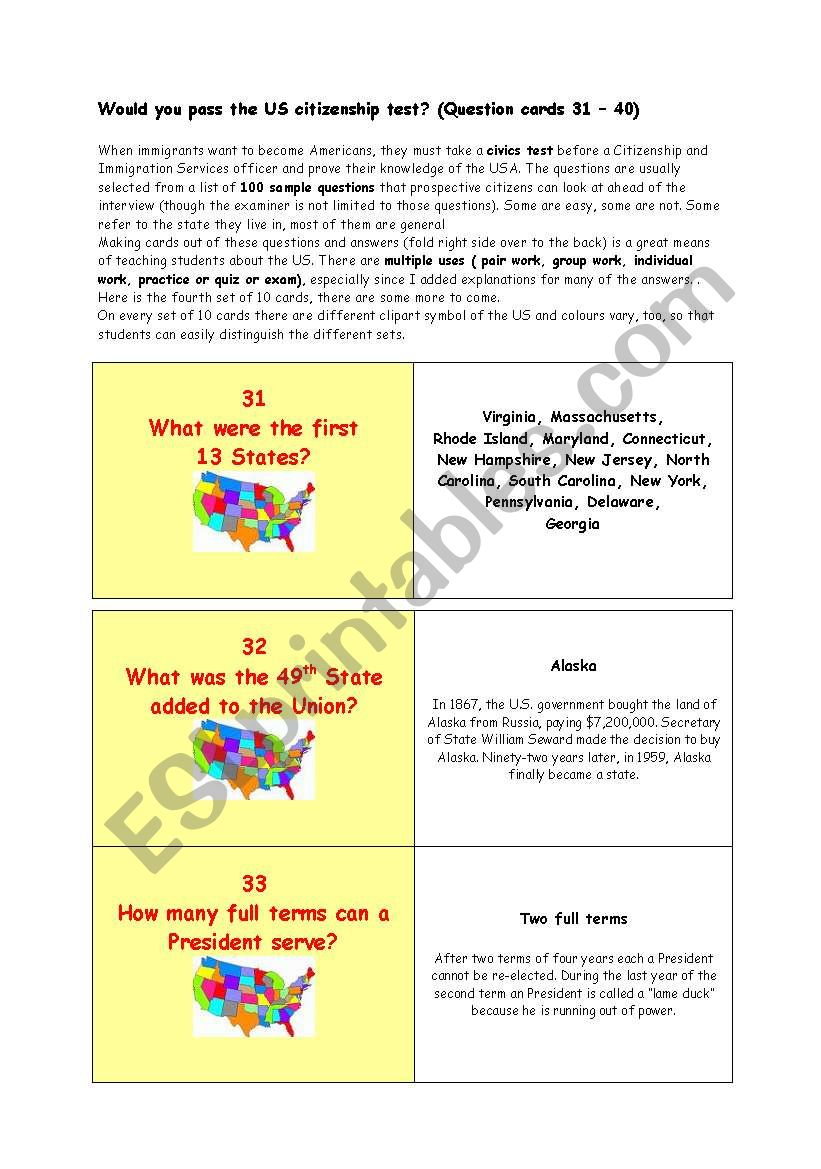 ** Would you pass the US citizenship test? ** THE MOST IMPORTANT FACTS ABOUT THE USA ** (Question cards 31  40) 