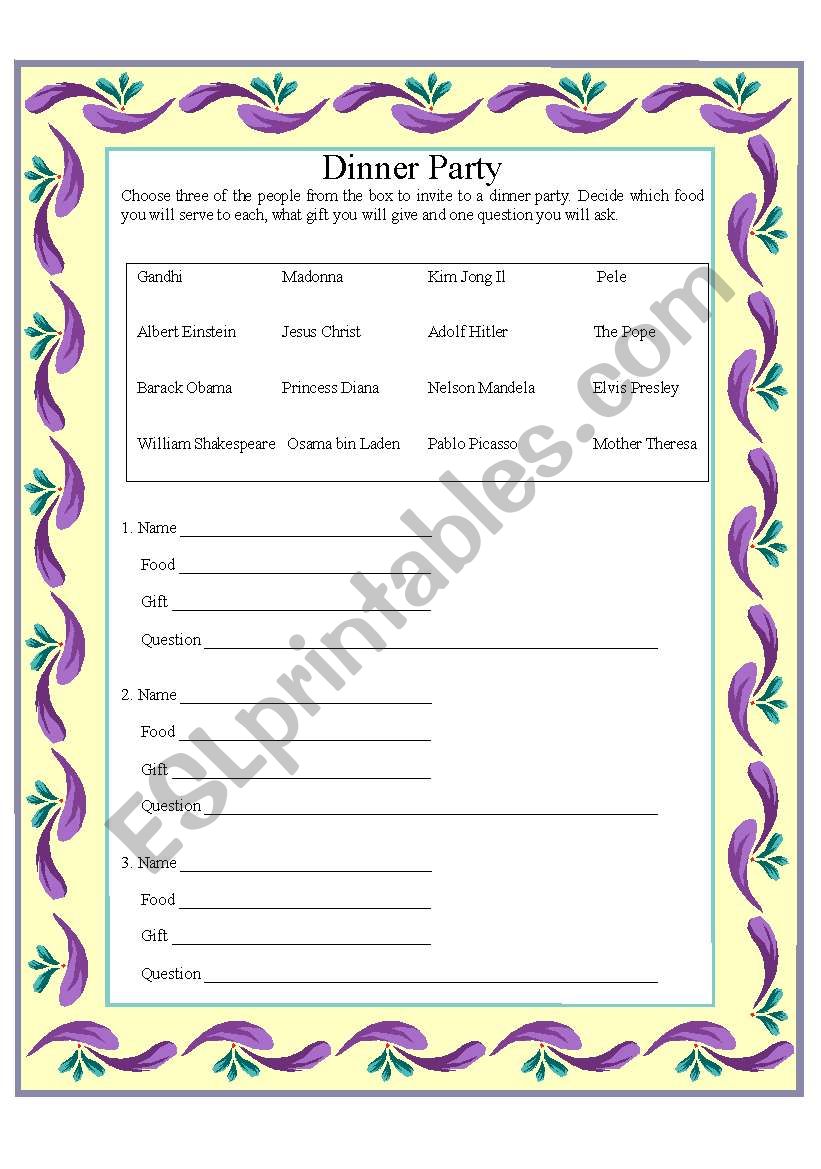 Dinner Party worksheet