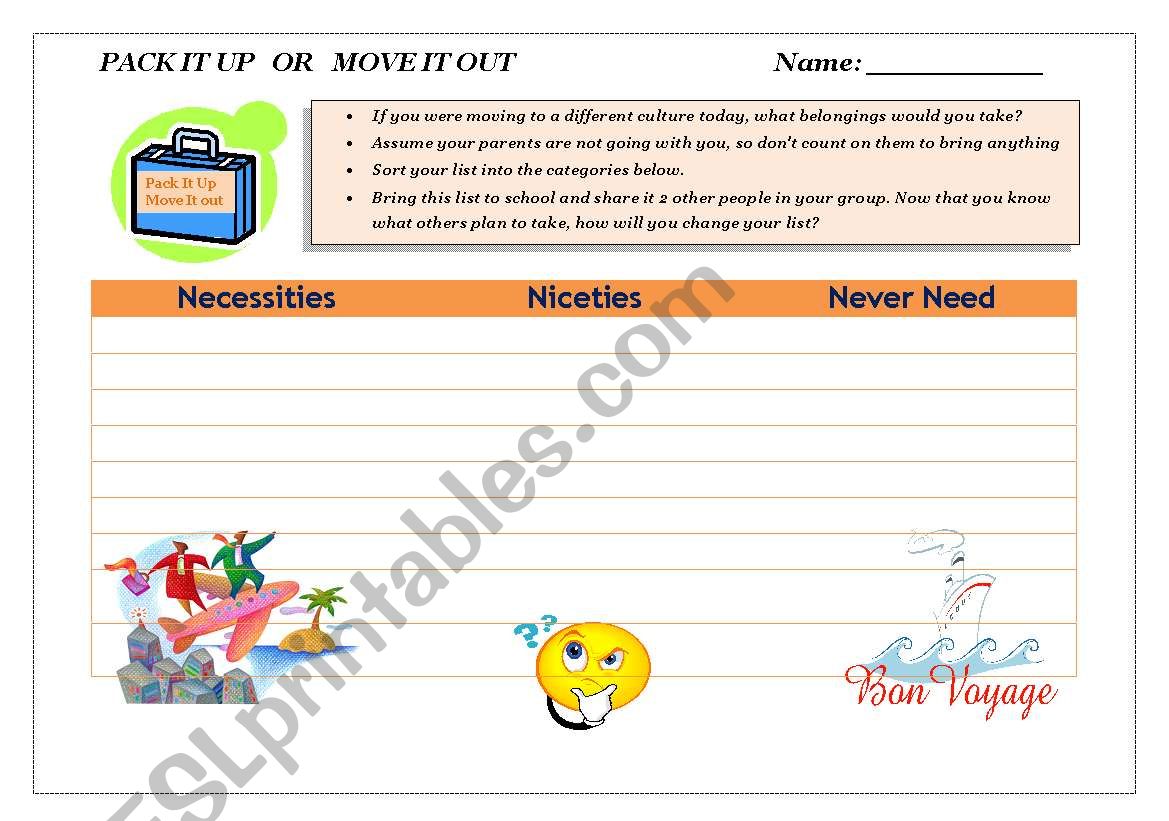 Pack it up worksheet