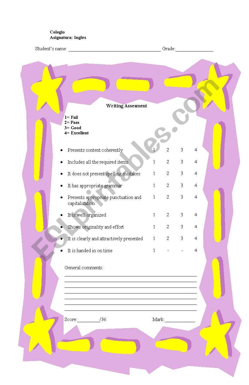 Writing assesment worksheet