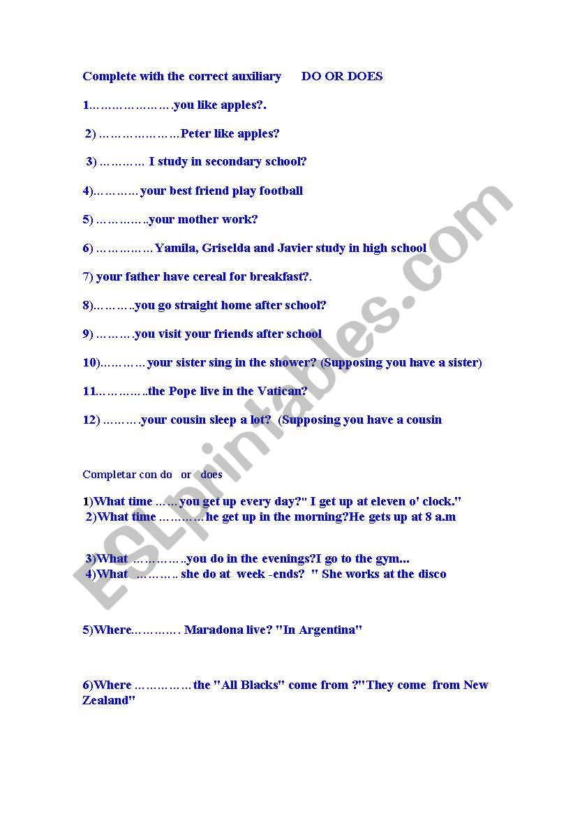 AUXILIARY VERS DO/ DOES worksheet