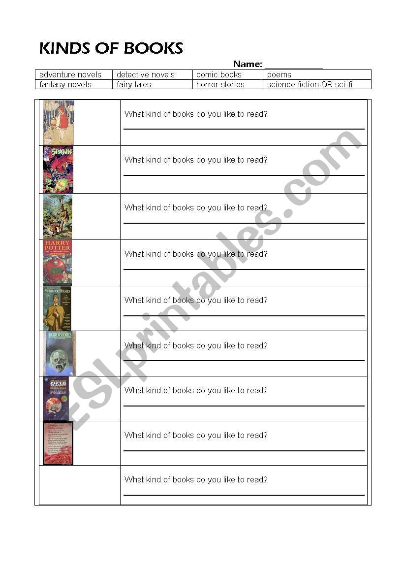 types of books worksheet