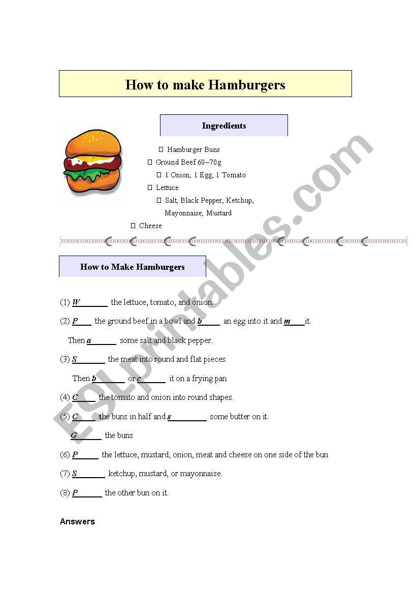How to make hamburgers worksheet