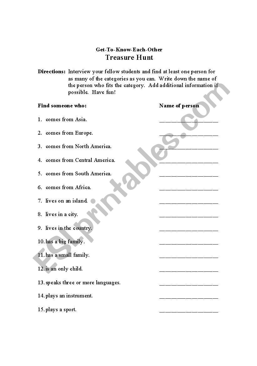 Treasure Hunt worksheet