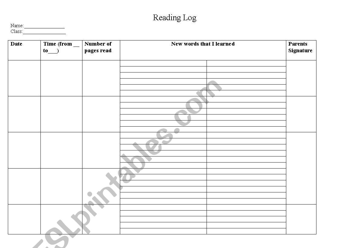 Reading Log worksheet