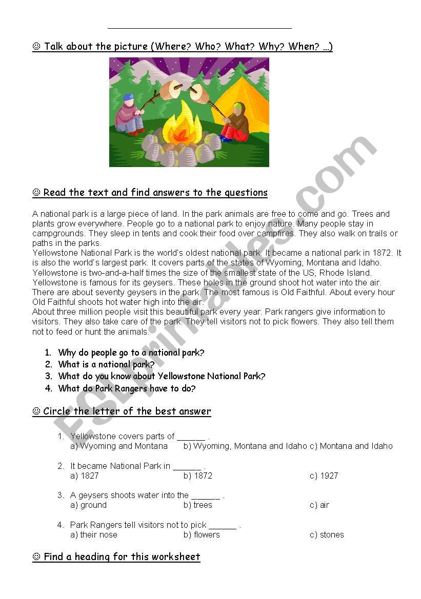 National Parks worksheet