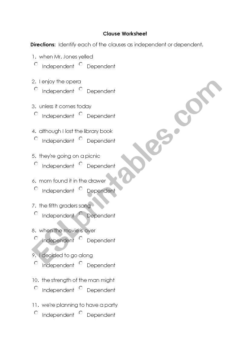 CLAUSES worksheet