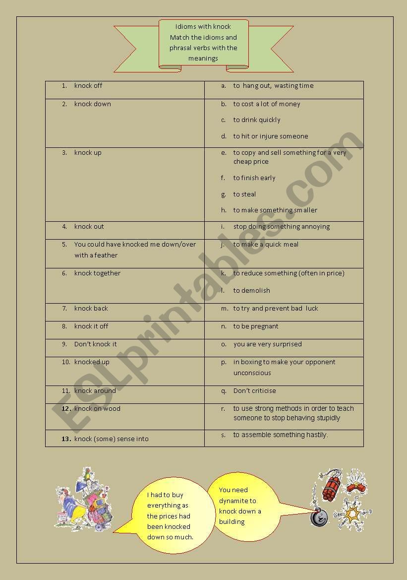 Knock knock-idioms and phrasal verbs with knock - ESL worksheet by joy2bill