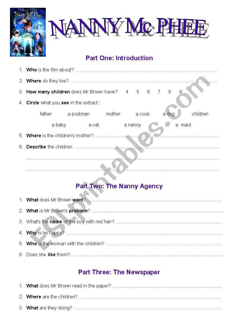 Nanny Mc Phee : Film. Worksheet part one (2 pages + answers)