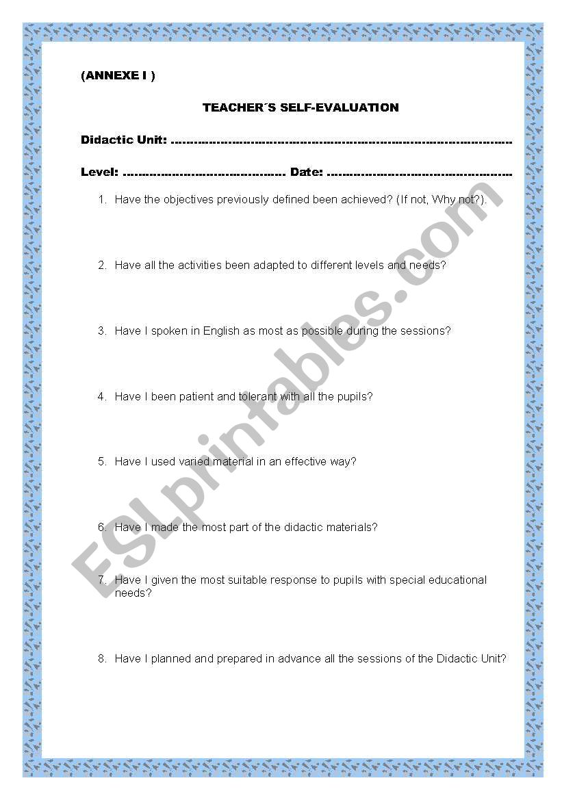 TEACHER SELF ASSESSMENT  SHEET