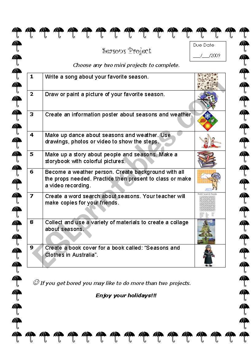 Seasons Project worksheet