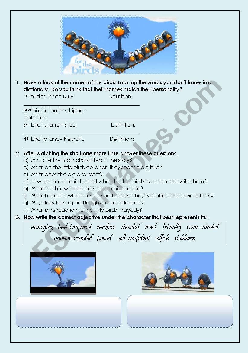 For the birds Pixar short worksheet