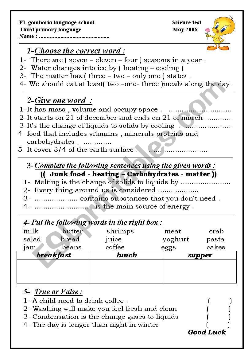 science for third primary worksheet