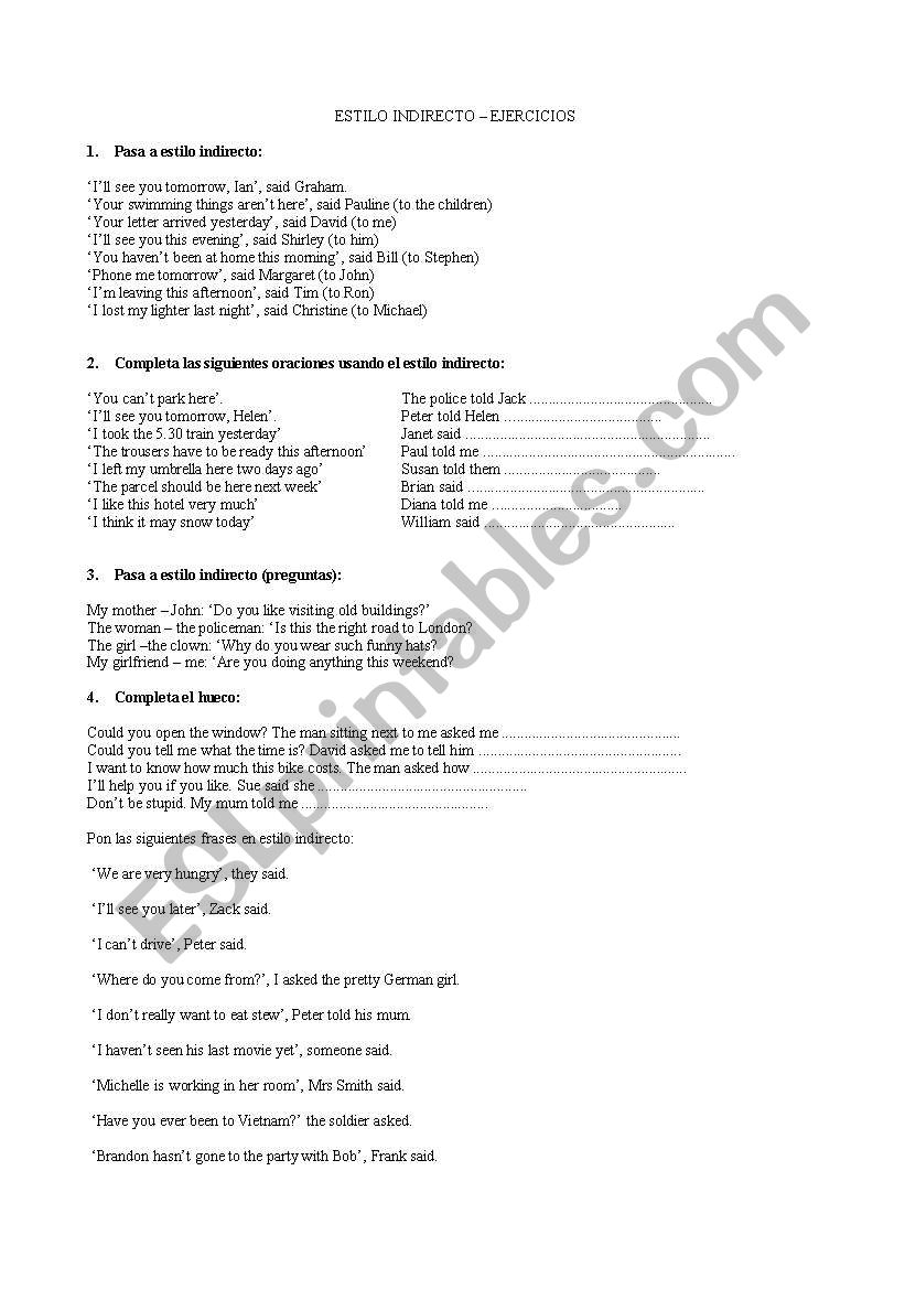 Reported Speech exercises worksheet