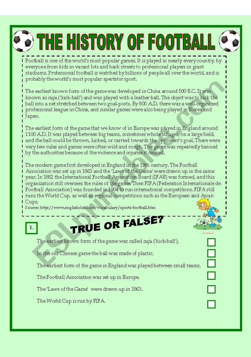 FOOTBALL - Reading Comprehension, Matching exercise, Speaking (3 pages) +KEY