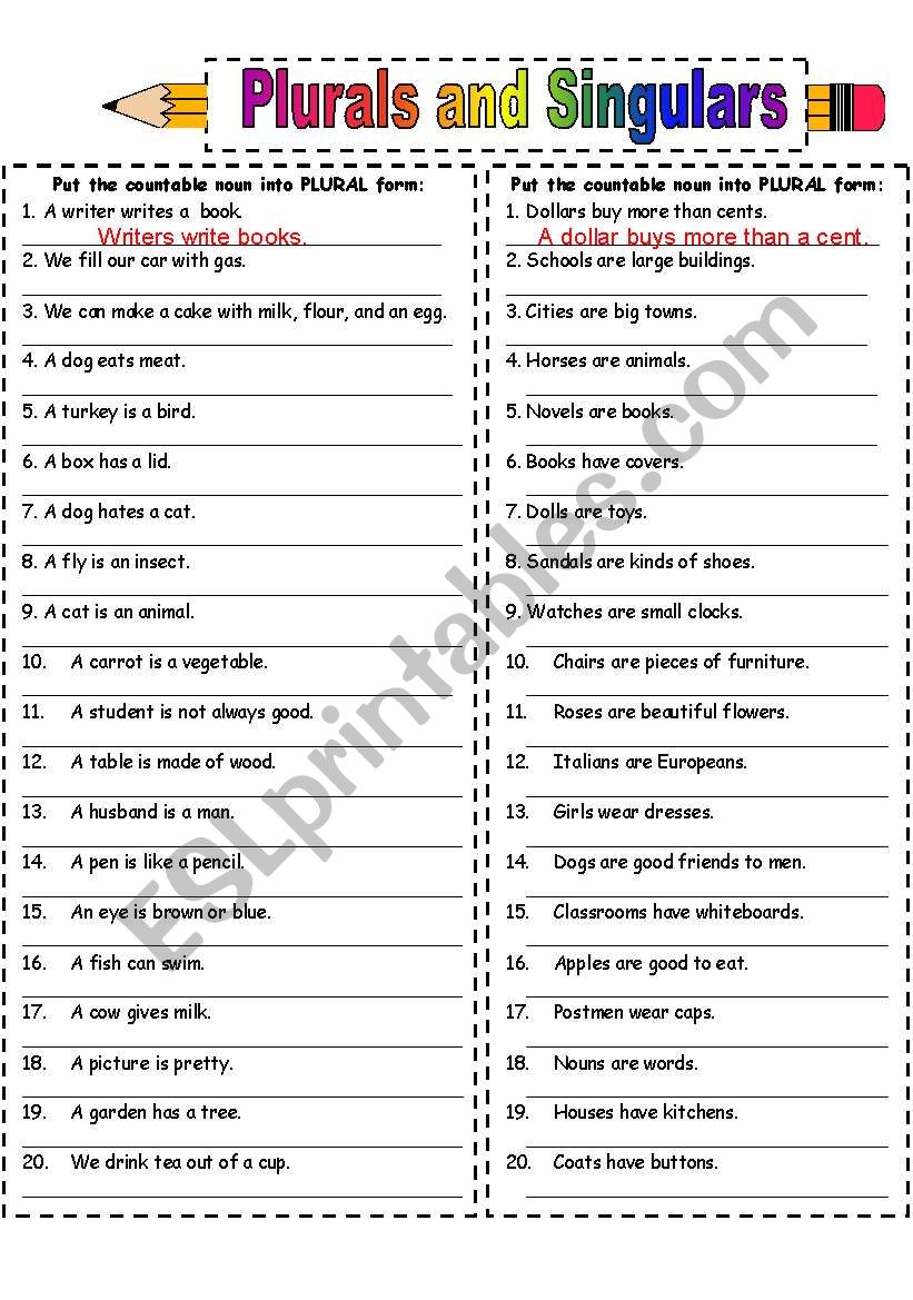Plurals and Singulars worksheet