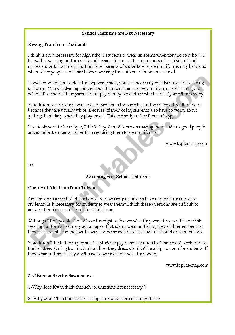 school uniforms worksheet