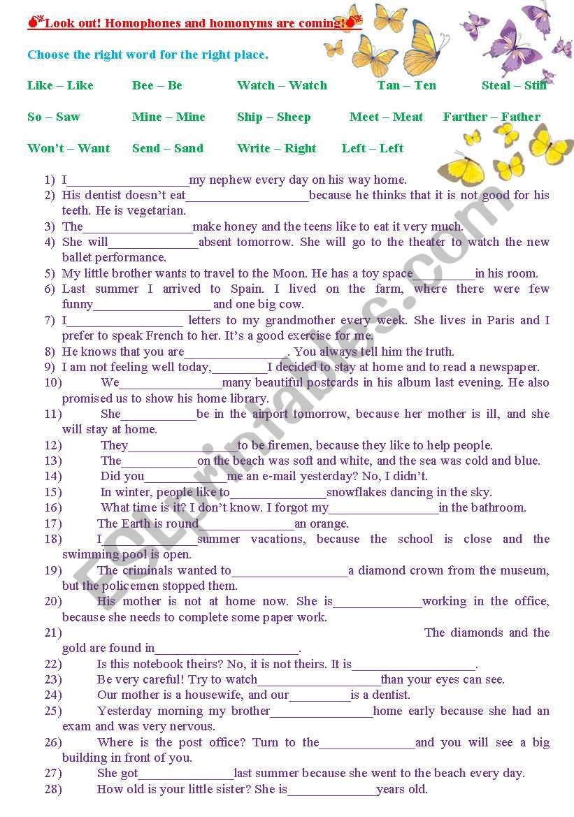 Homophones and homonyms worksheet