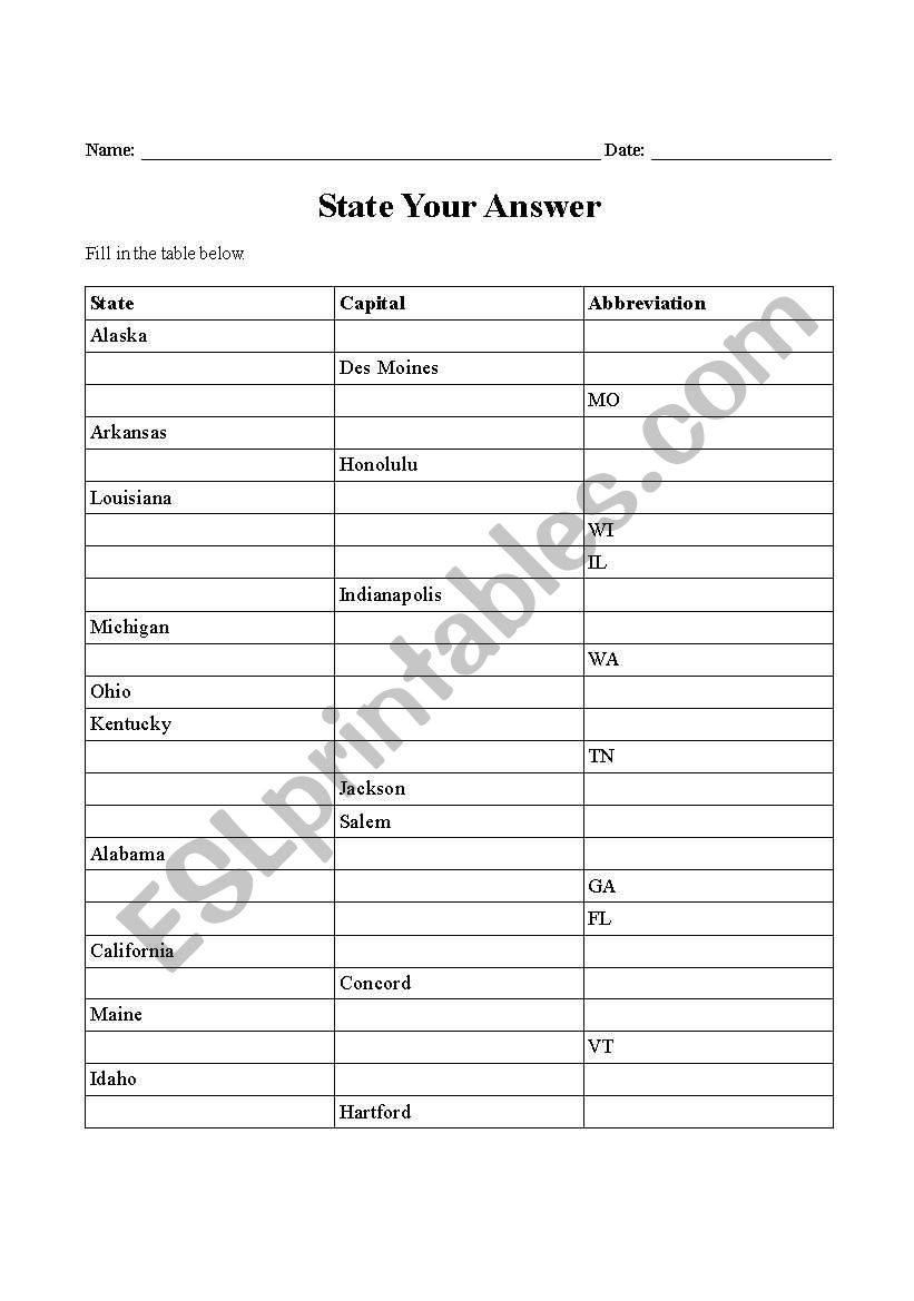 State Your Answer worksheet