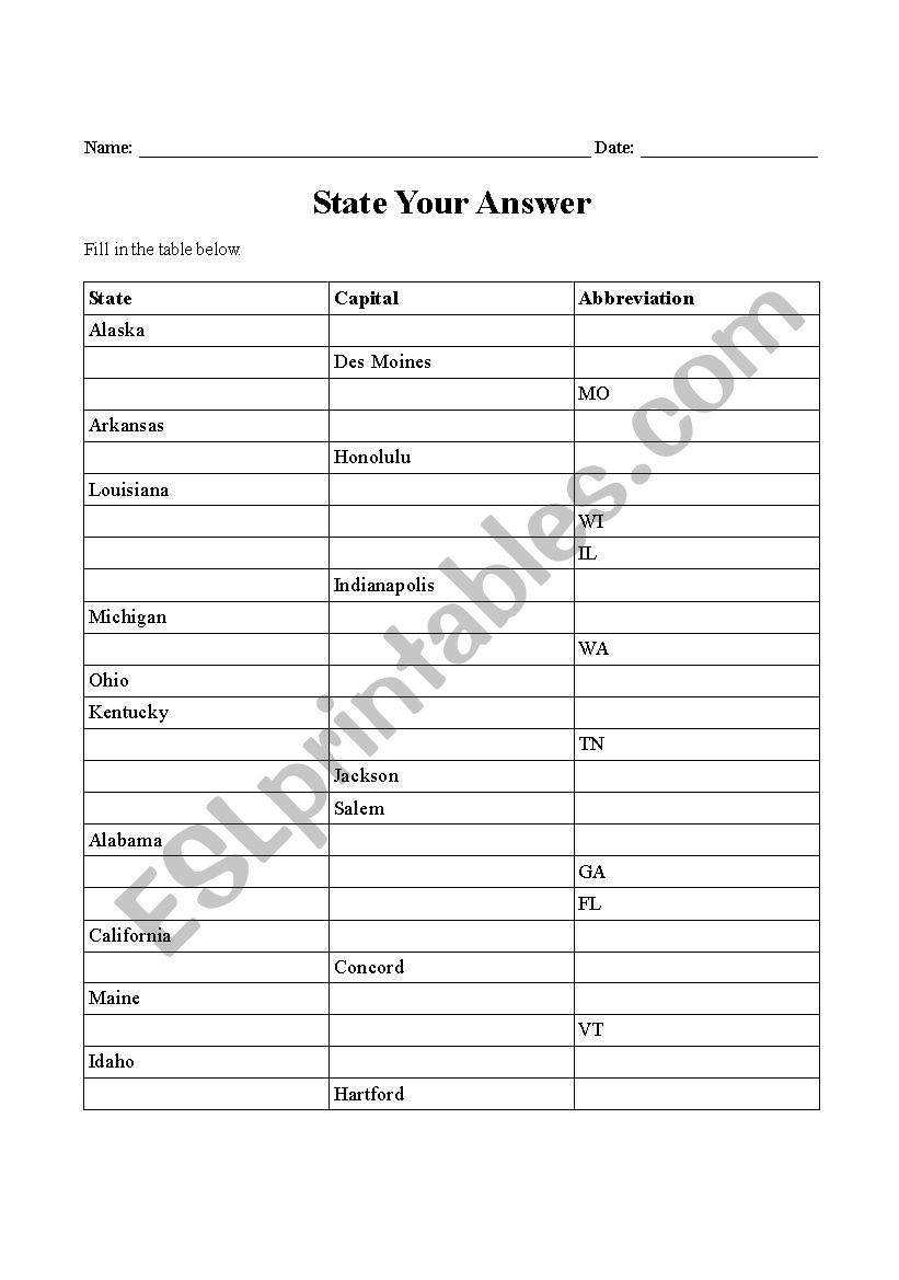 State Your Answer worksheet