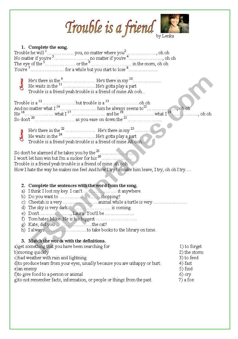 Trouble is a friend by Lenka worksheet