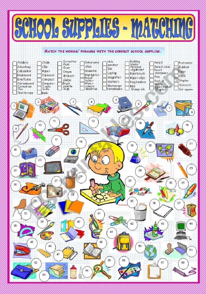 School Supplies - Matching worksheet